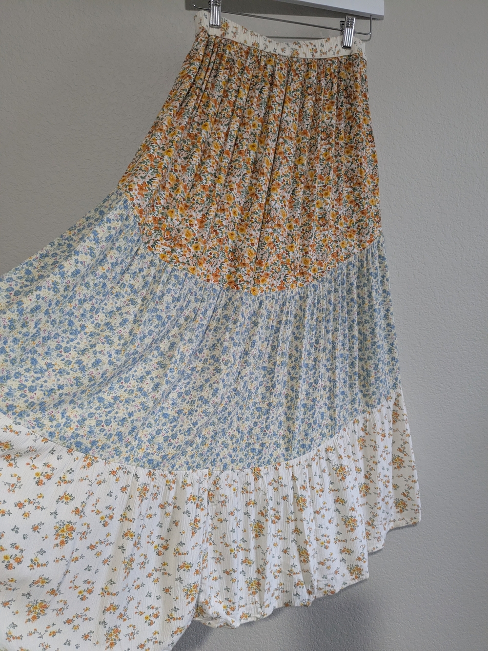 American Eagle Outfitters Boho Patchwork Floral Maxi Skirt Blue, Cream & Mustard - Picture 10 of 16